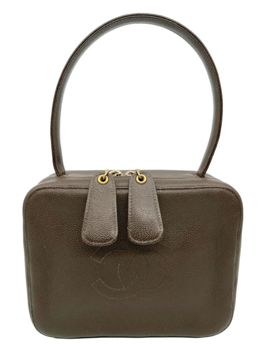 Chanel  Vintage Vanity Case Leather Top Handle Bag Dark Olive